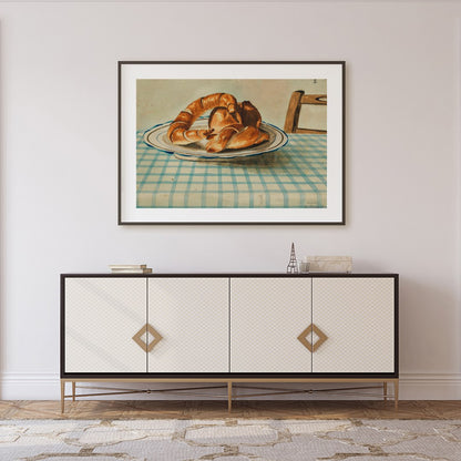 Bring a touch of rustic charm to your space with this quaint depiction of croissants resting on a for Foyer