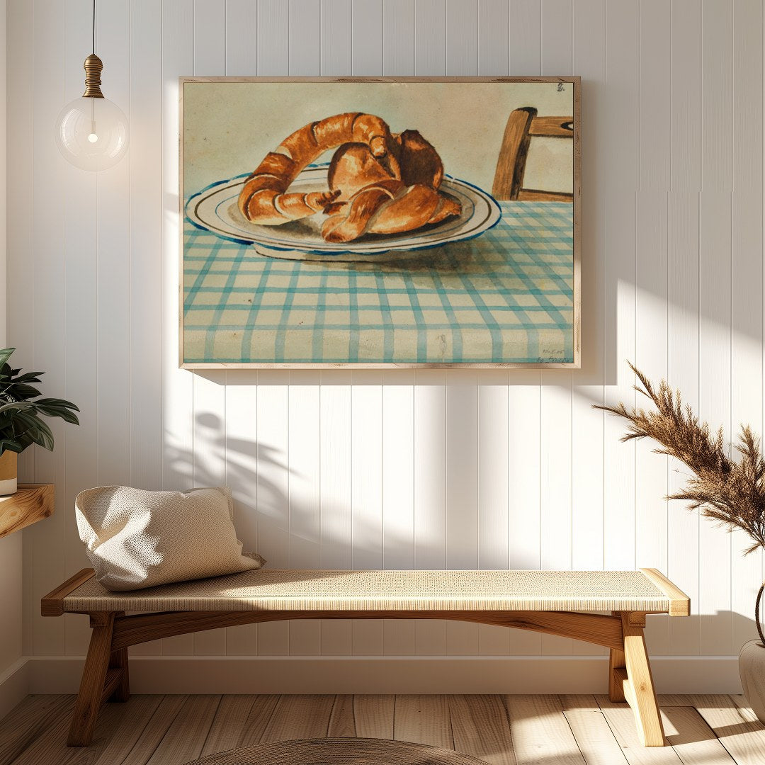 Bring a touch of rustic charm to your space with this quaint depiction of croissants resting on a for Hallway