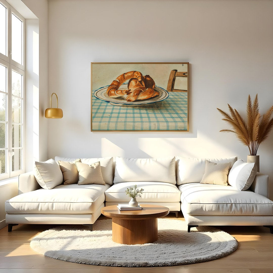 Bring a touch of rustic charm to your space with this quaint depiction of croissants resting on a for Living Room
