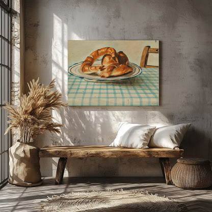 Bring a touch of rustic charm to your space with this quaint depiction of croissants resting on a for Veranda