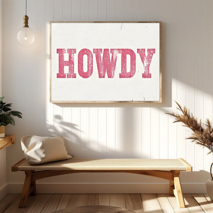 Add a playful Western charm to your space with this 'Howdy' wall art. Featuring a distressed pink for Hallway