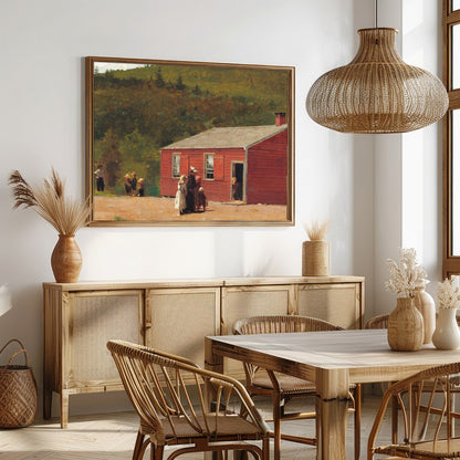 This charming artwork captures a rustic red schoolhouse set against lush green hills, evoking a for Dining