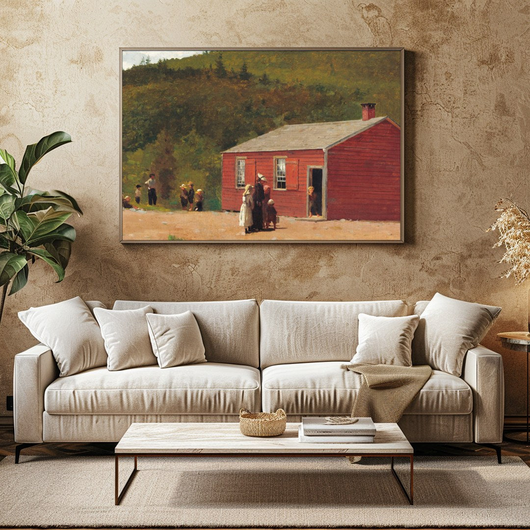 This charming artwork captures a rustic red schoolhouse set against lush green hills, evoking a for Family Room