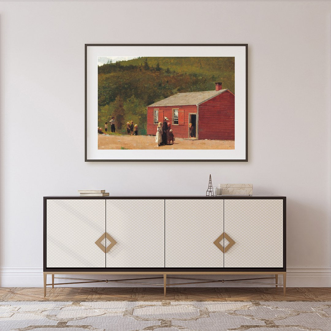 This charming artwork captures a rustic red schoolhouse set against lush green hills, evoking a for Foyer
