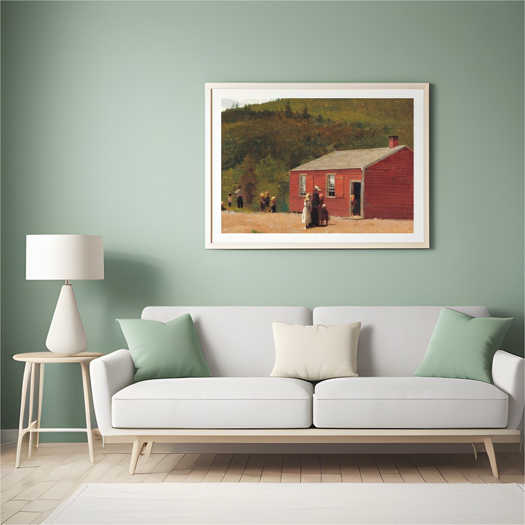 This charming artwork captures a rustic red schoolhouse set against lush green hills, evoking a for Hall