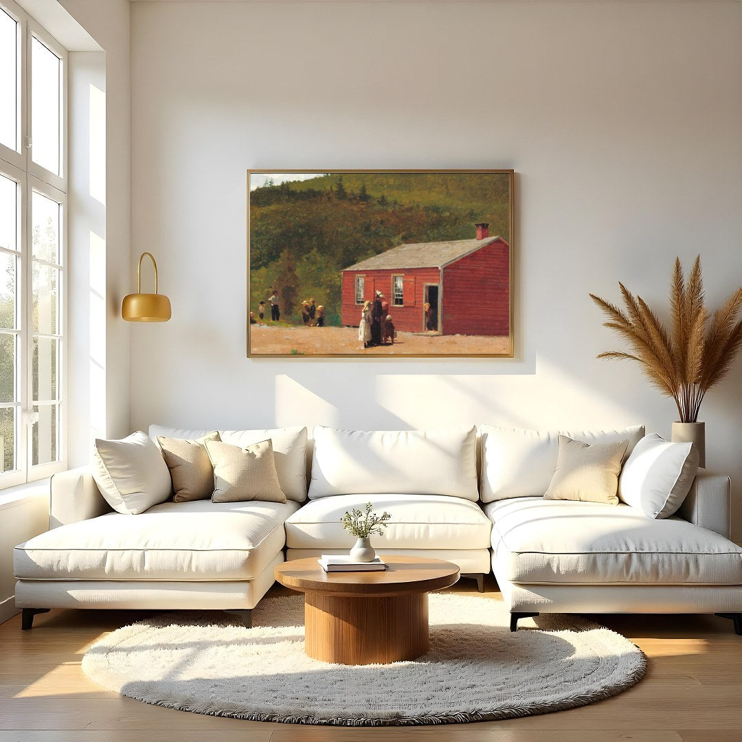 This charming artwork captures a rustic red schoolhouse set against lush green hills, evoking a for Living Room