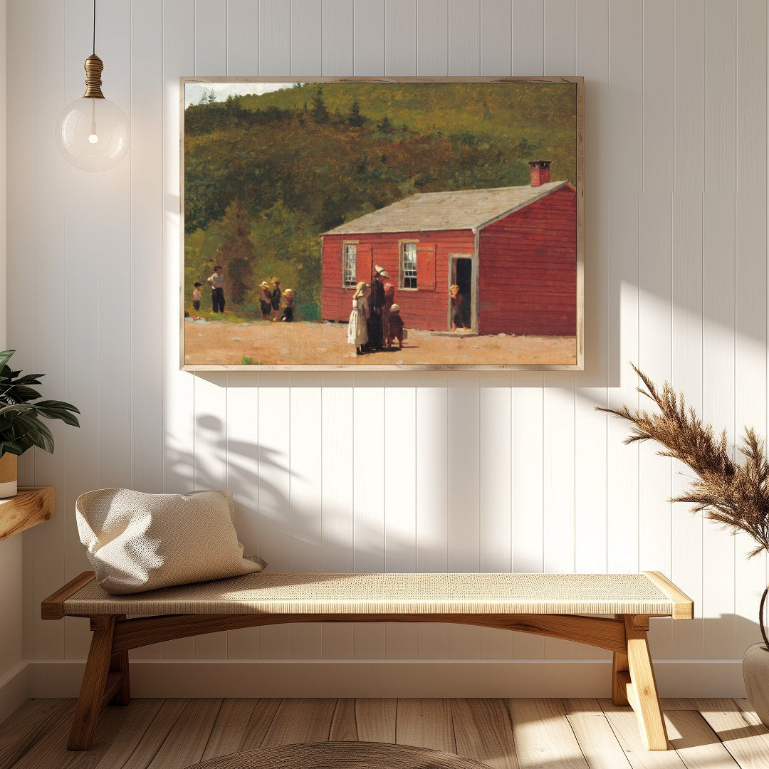 This charming artwork captures a rustic red schoolhouse set against lush green hills, evoking a for Hallway