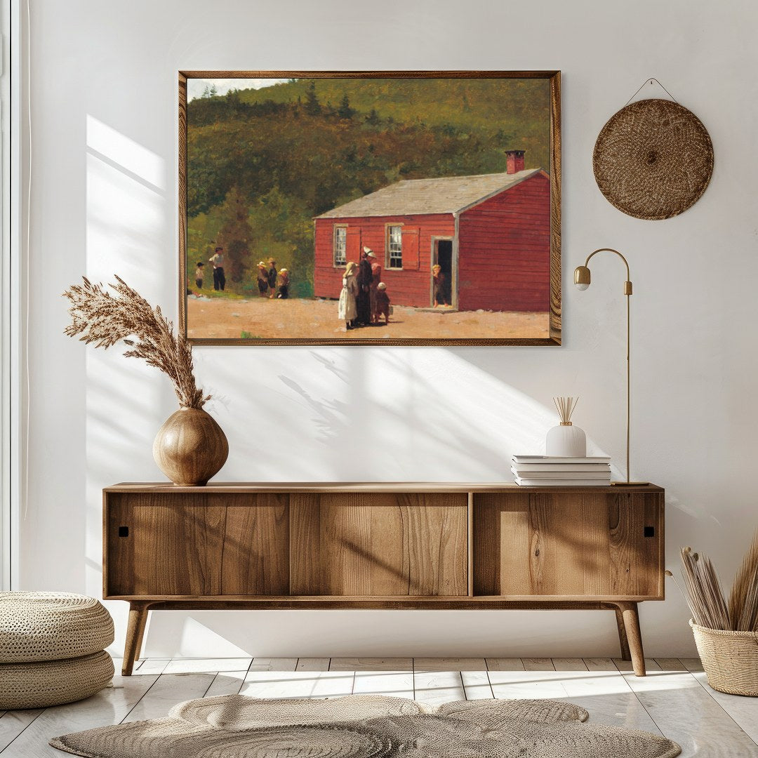 This charming artwork captures a rustic red schoolhouse set against lush green hills, evoking a for Sitting Area