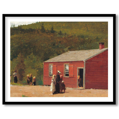 This charming artwork captures a rustic red schoolhouse set against lush green hills, evoking a for studio
