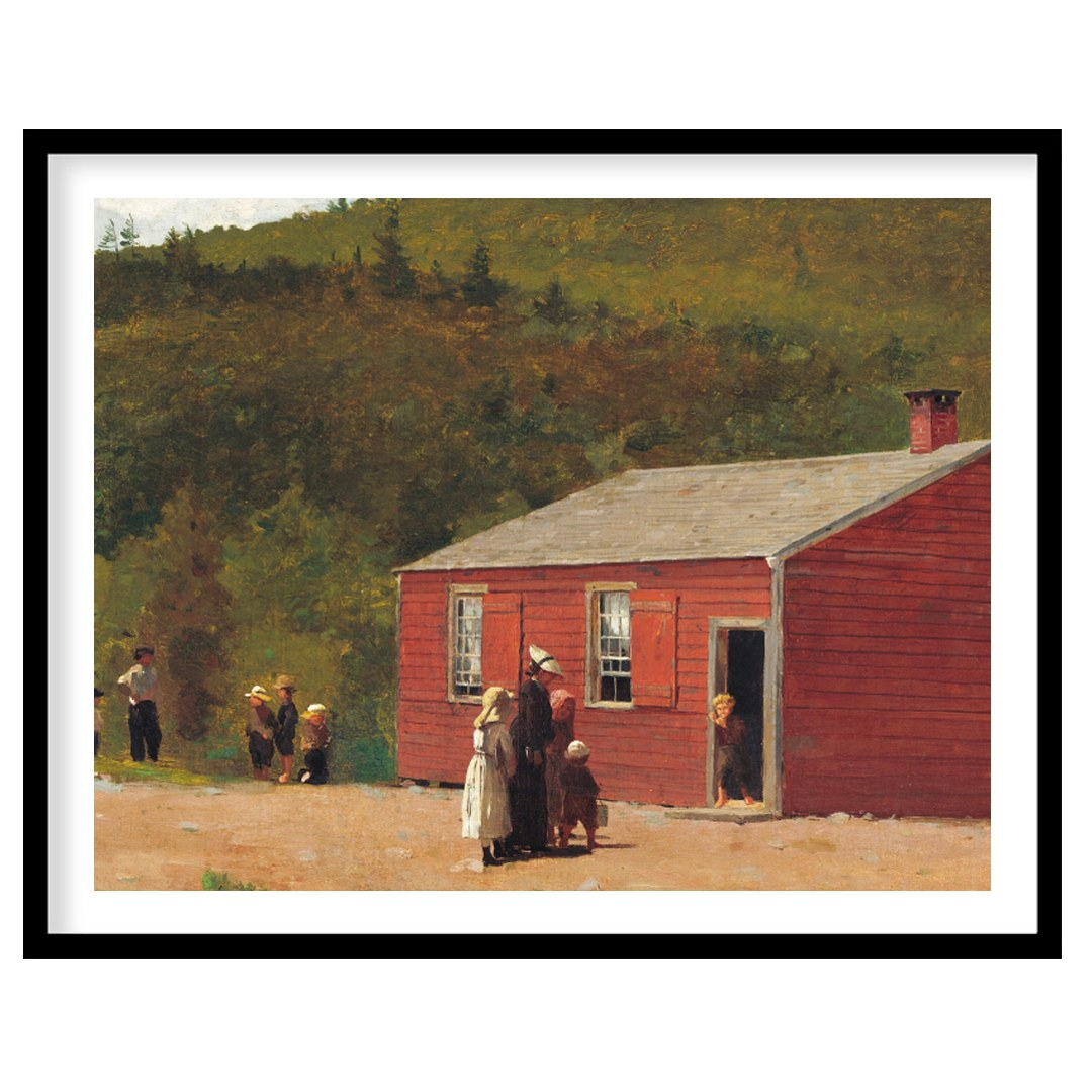 This charming artwork captures a rustic red schoolhouse set against lush green hills, evoking a for studio