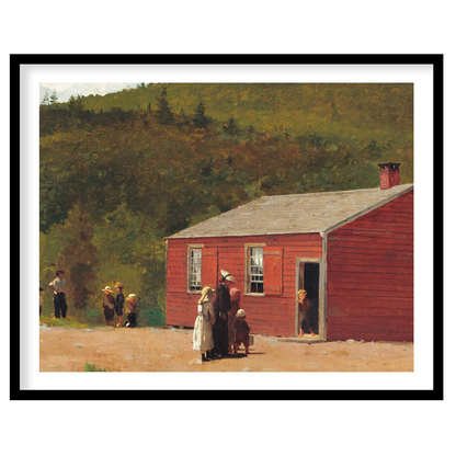 This charming artwork captures a rustic red schoolhouse set against lush green hills, evoking a for studio
