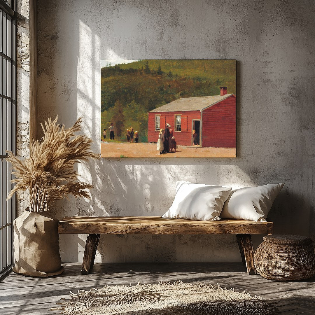 This charming artwork captures a rustic red schoolhouse set against lush green hills, evoking a for Veranda