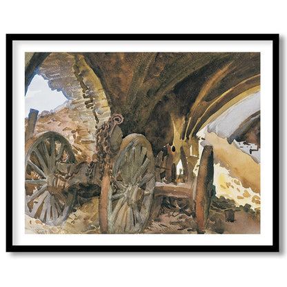 Capture the essence of history with this evocative painting featuring ancient wagon wheels nestled for area