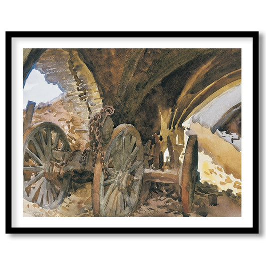 Capture the essence of history with this evocative painting featuring ancient wagon wheels nestled for area