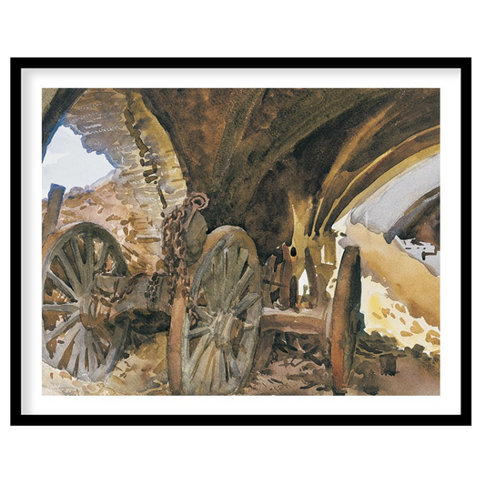 Capture the essence of history with this evocative painting featuring ancient wagon wheels nestled for area