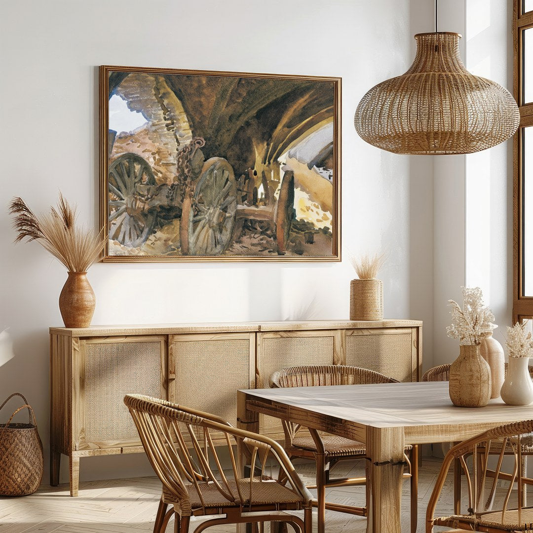 Capture the essence of history with this evocative painting featuring ancient wagon wheels nestled for Dining