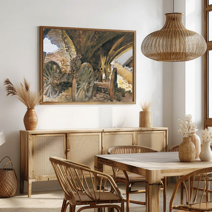 Capture the essence of history with this evocative painting featuring ancient wagon wheels nestled for Dining
