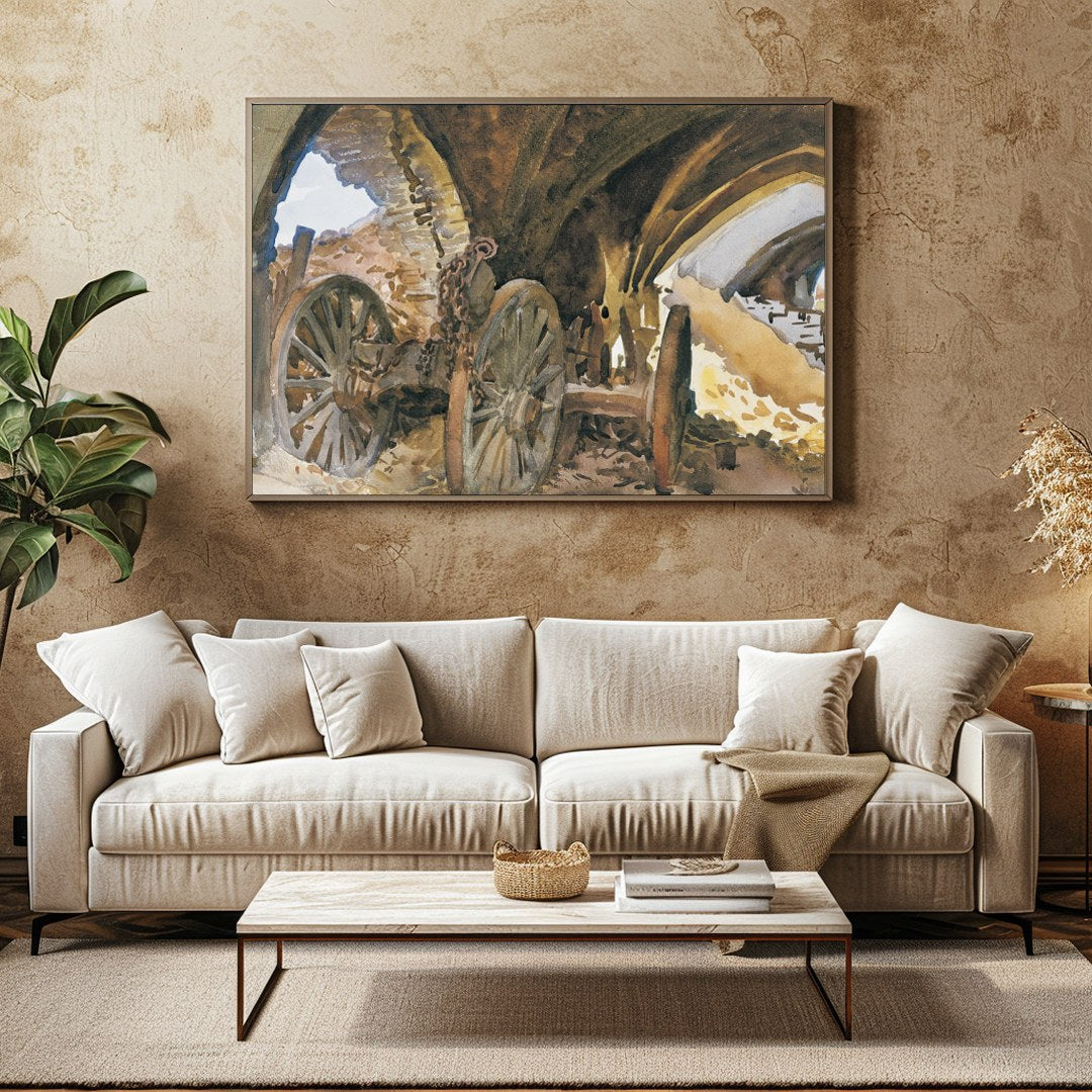 Capture the essence of history with this evocative painting featuring ancient wagon wheels nestled for Family Room