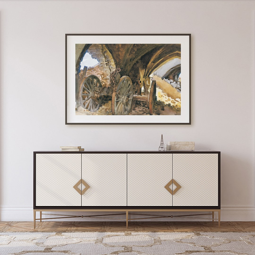 Capture the essence of history with this evocative painting featuring ancient wagon wheels nestled for Foyer