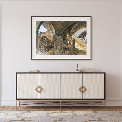 Capture the essence of history with this evocative painting featuring ancient wagon wheels nestled for Foyer