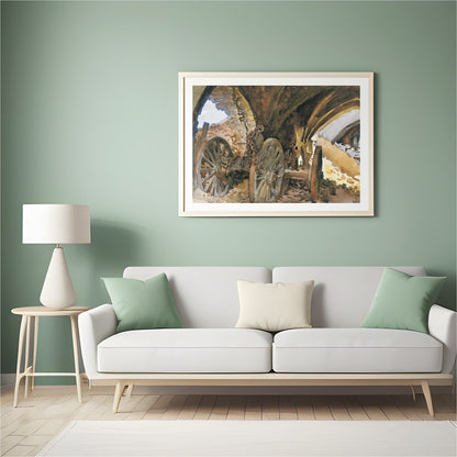 Capture the essence of history with this evocative painting featuring ancient wagon wheels nestled for Hall