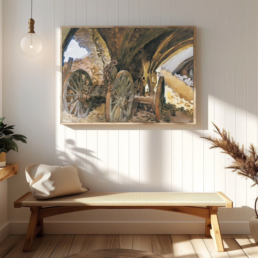 Capture the essence of history with this evocative painting featuring ancient wagon wheels nestled for Hallway