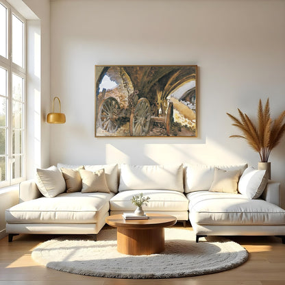Capture the essence of history with this evocative painting featuring ancient wagon wheels nestled for Living Room
