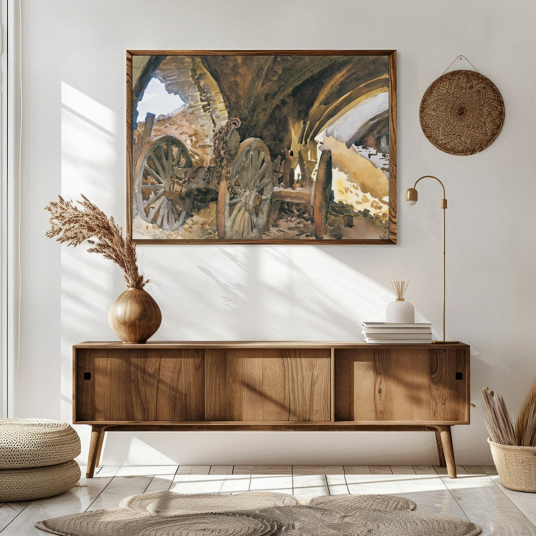 Capture the essence of history with this evocative painting featuring ancient wagon wheels nestled for Sitting Area