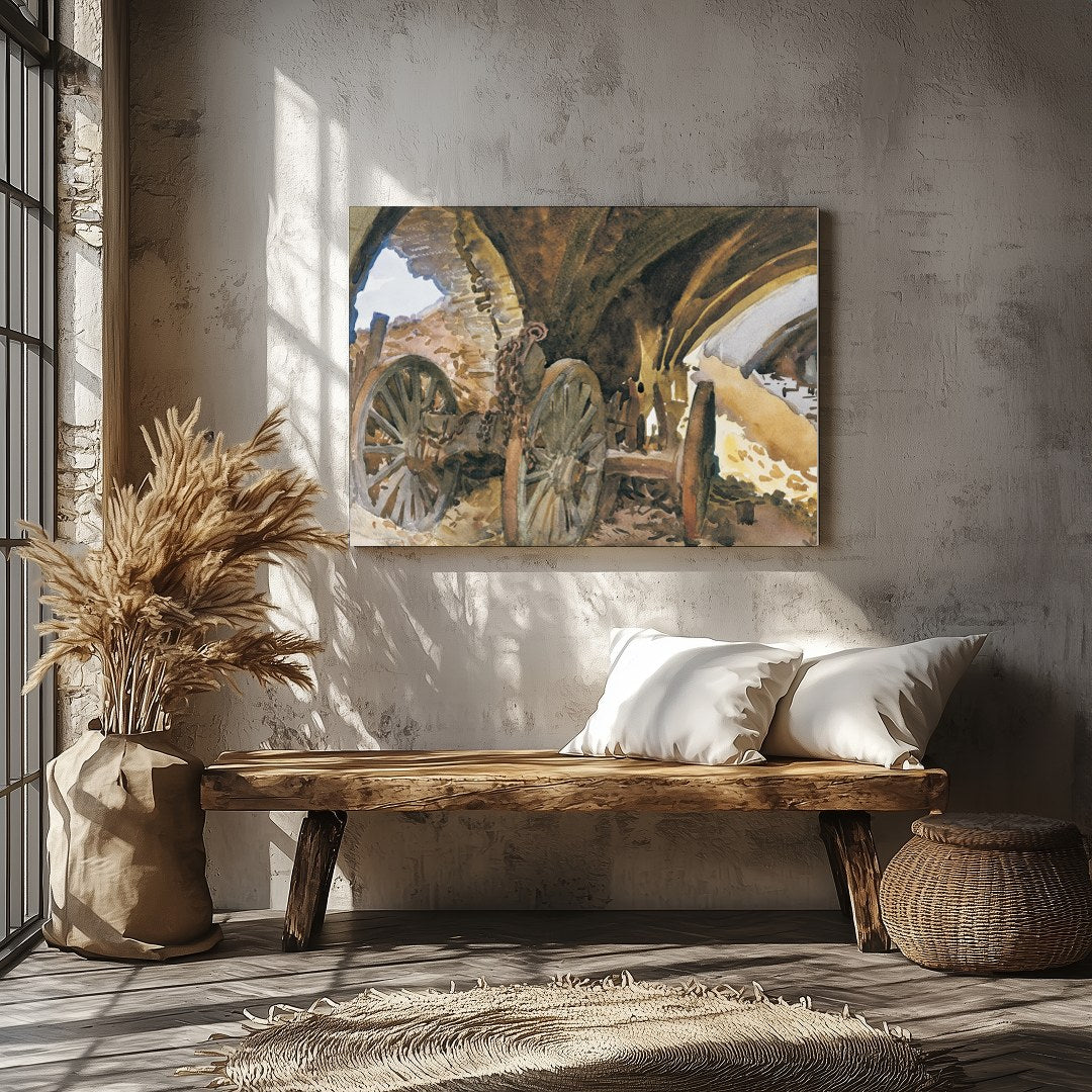 Capture the essence of history with this evocative painting featuring ancient wagon wheels nestled for Veranda