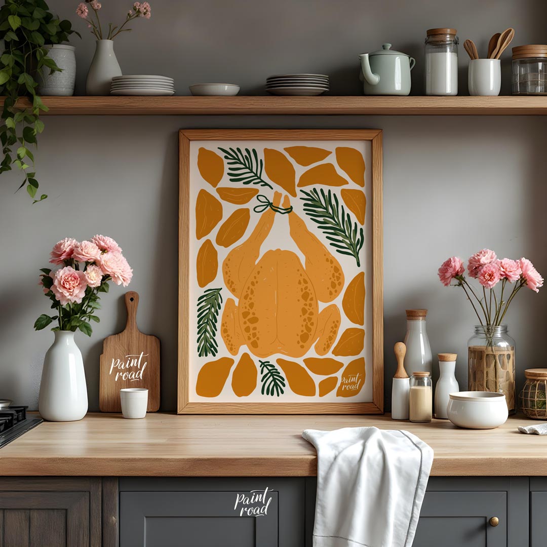 This charming illustration depicts a classic culinary centerpiece: a whole roasted chicken, ready f… for kitchen