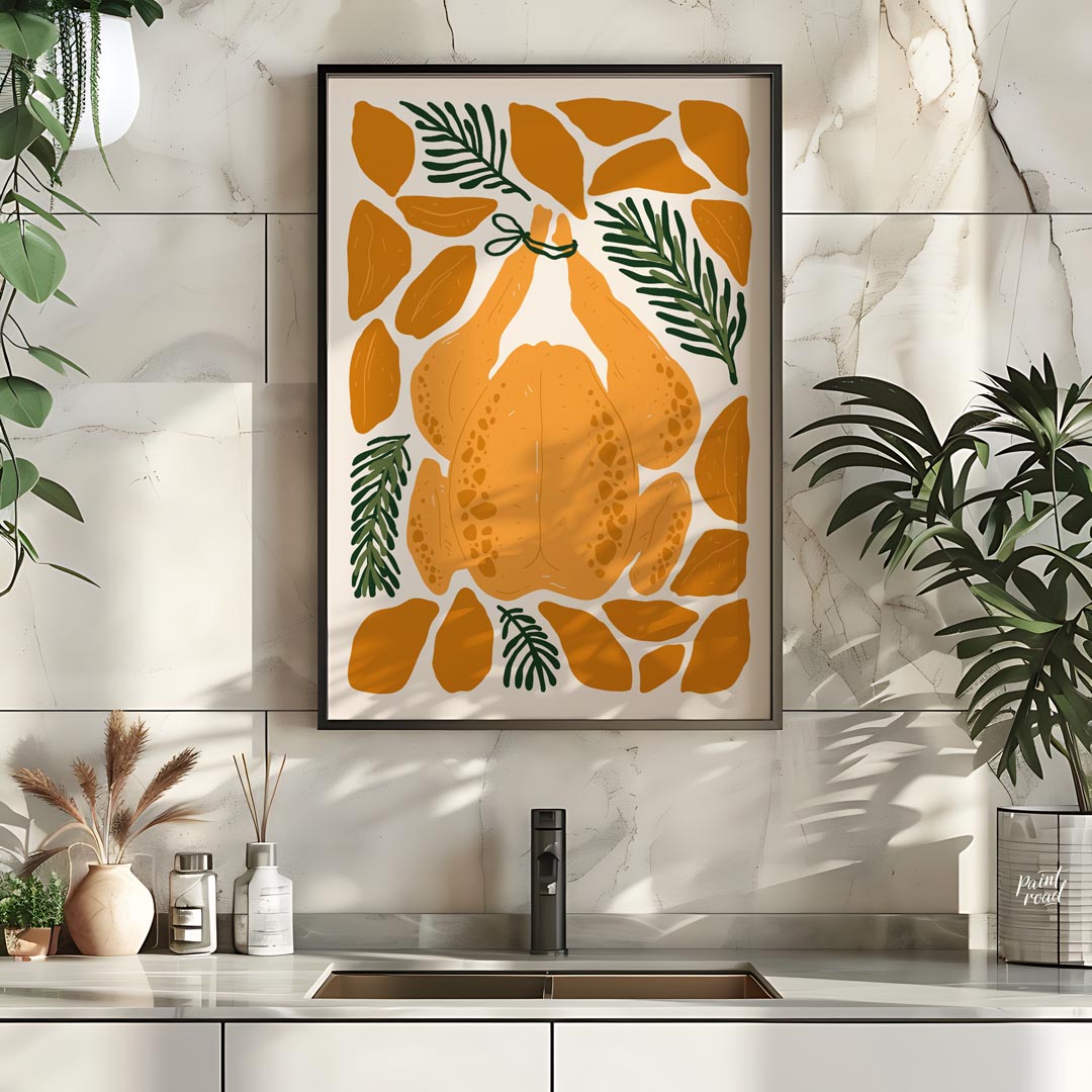 This charming illustration depicts a classic culinary centerpiece: a whole roasted chicken, ready f… for kitchen