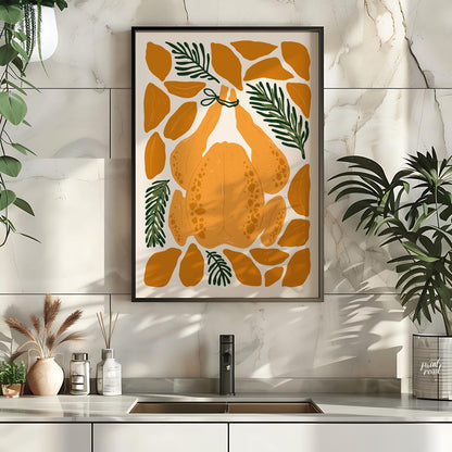 This charming illustration depicts a classic culinary centerpiece: a whole roasted chicken, ready f… for kitchen