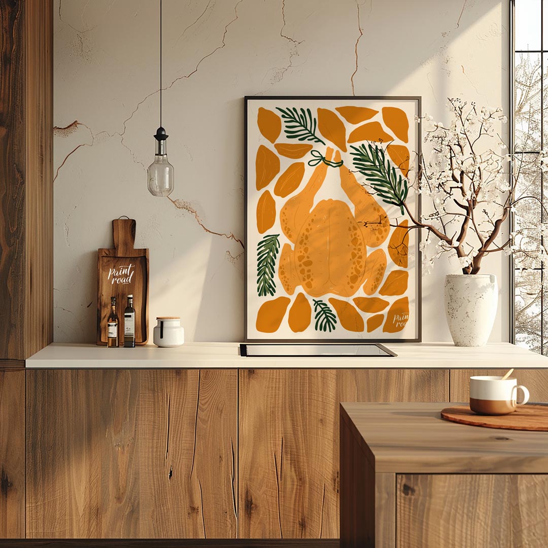 This charming illustration depicts a classic culinary centerpiece: a whole roasted chicken, ready f… for kitchen