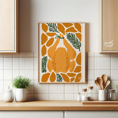 This charming illustration depicts a classic culinary centerpiece: a whole roasted chicken, ready f… for kitchen