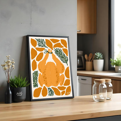 This charming illustration depicts a classic culinary centerpiece: a whole roasted chicken, ready f… for kitchen