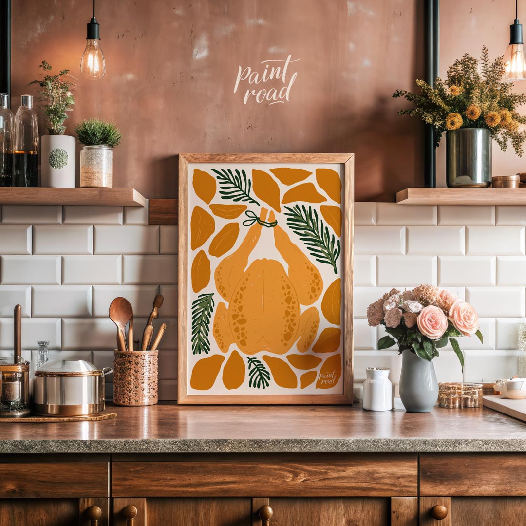 This charming illustration depicts a classic culinary centerpiece: a whole roasted chicken, ready f… for kitchen