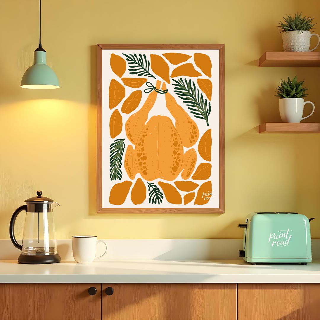 This charming illustration depicts a classic culinary centerpiece: a whole roasted chicken, ready f… for kitchen