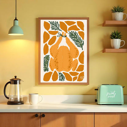 This charming illustration depicts a classic culinary centerpiece: a whole roasted chicken, ready f… for kitchen