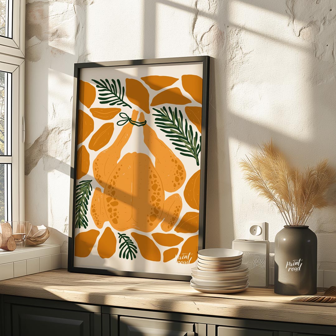 This charming illustration depicts a classic culinary centerpiece: a whole roasted chicken, ready f… for kitchen