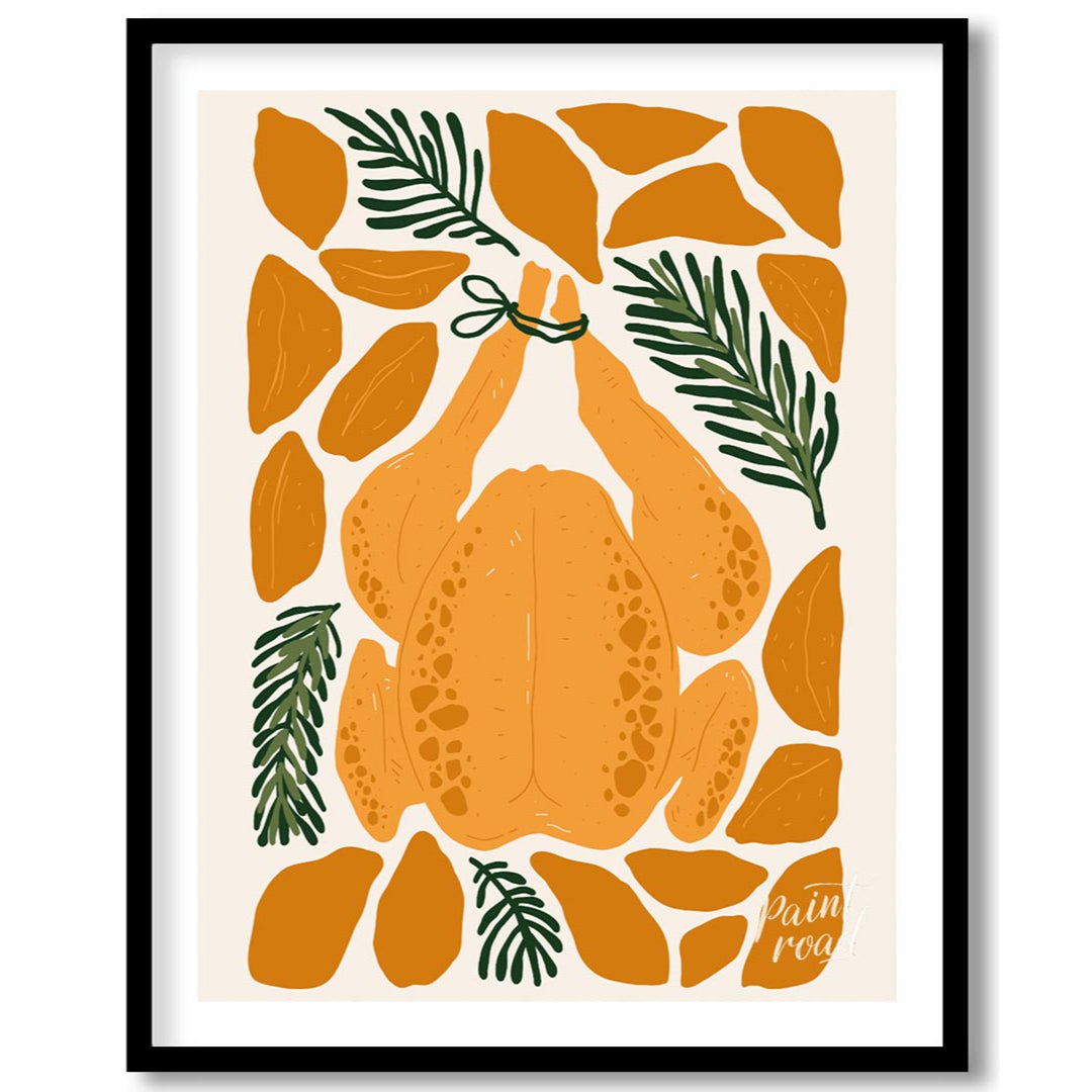This charming illustration depicts a classic culinary centerpiece: a whole roasted chicken, ready f… for place