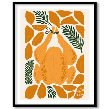 This charming illustration depicts a classic culinary centerpiece: a whole roasted chicken, ready f… for place