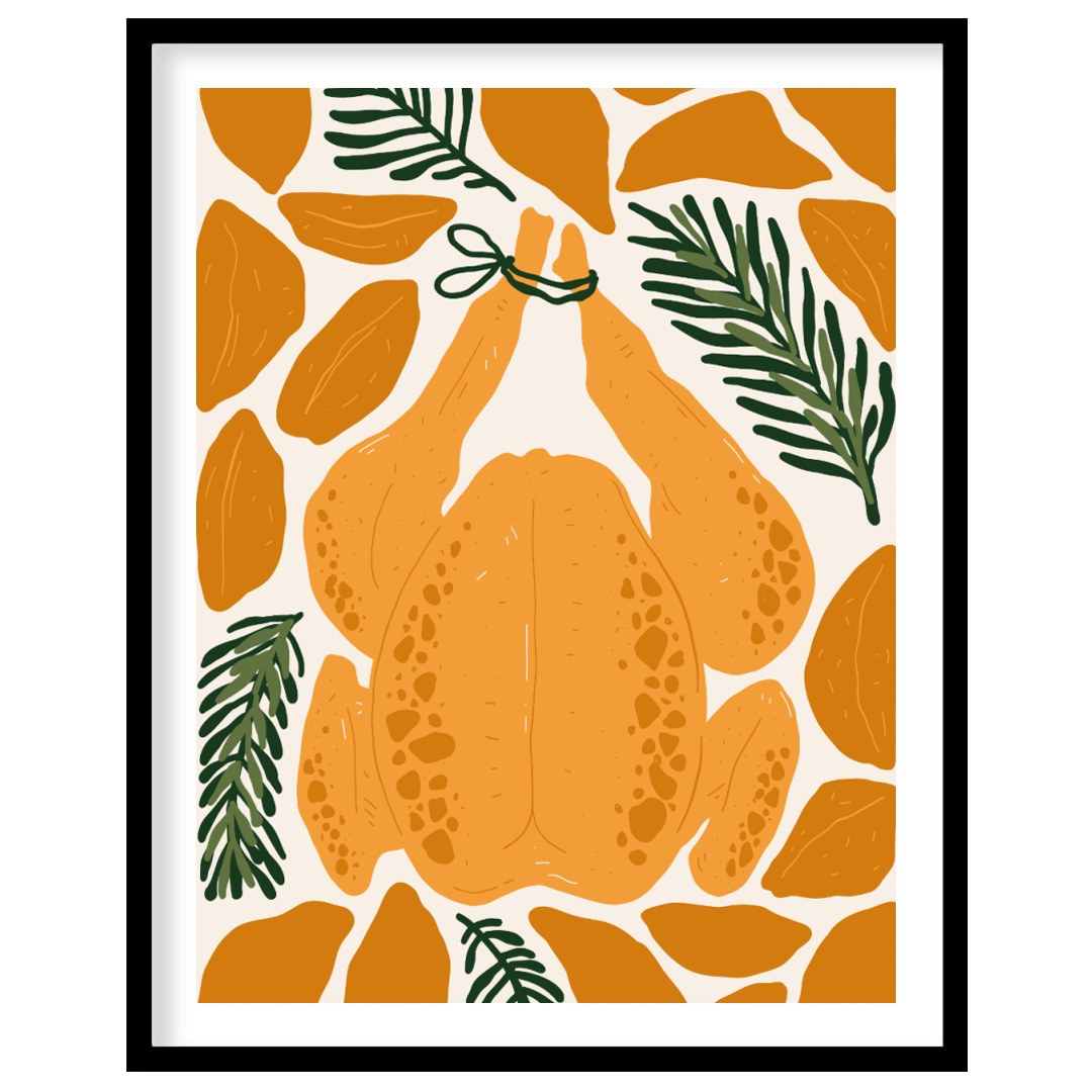 This charming illustration depicts a classic culinary centerpiece: a whole roasted chicken, ready f… for place
