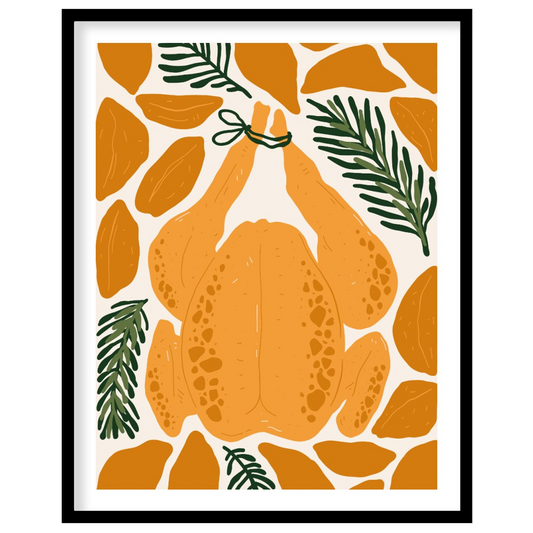 This charming illustration depicts a classic culinary centerpiece: a whole roasted chicken, ready f… for place