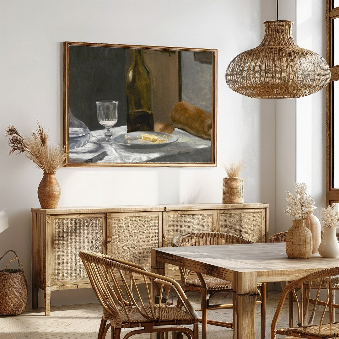 Immerse yourself in the rustic charm of this exquisite still life painting, capturing the for Dining