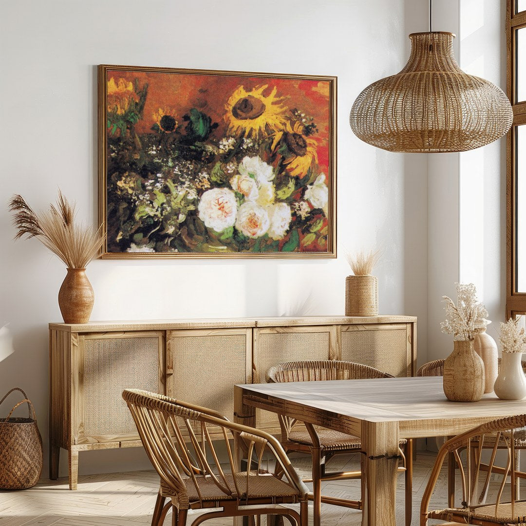 This captivating artwork features an expressive blend of sunflowers and roses. The rich earthy for Dining