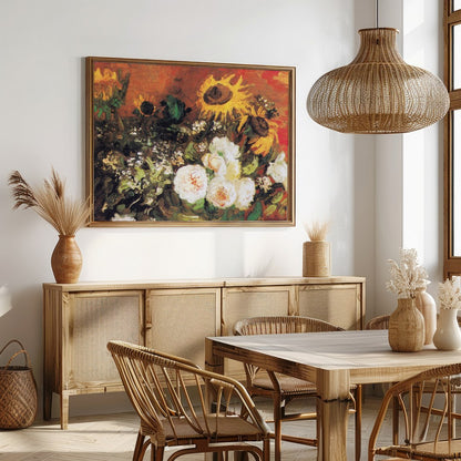 This captivating artwork features an expressive blend of sunflowers and roses. The rich earthy for Dining