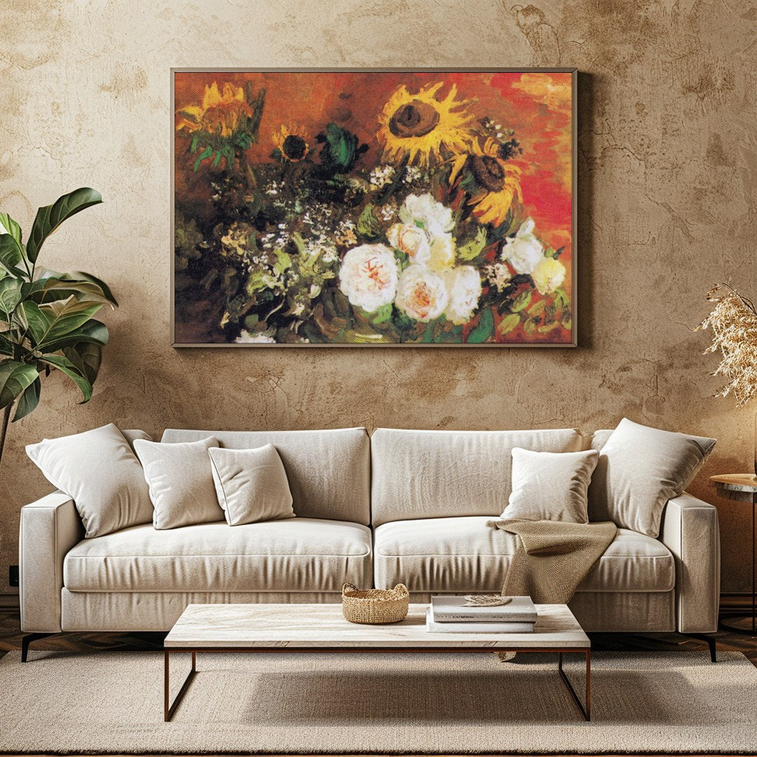 This captivating artwork features an expressive blend of sunflowers and roses. The rich earthy for Family Room