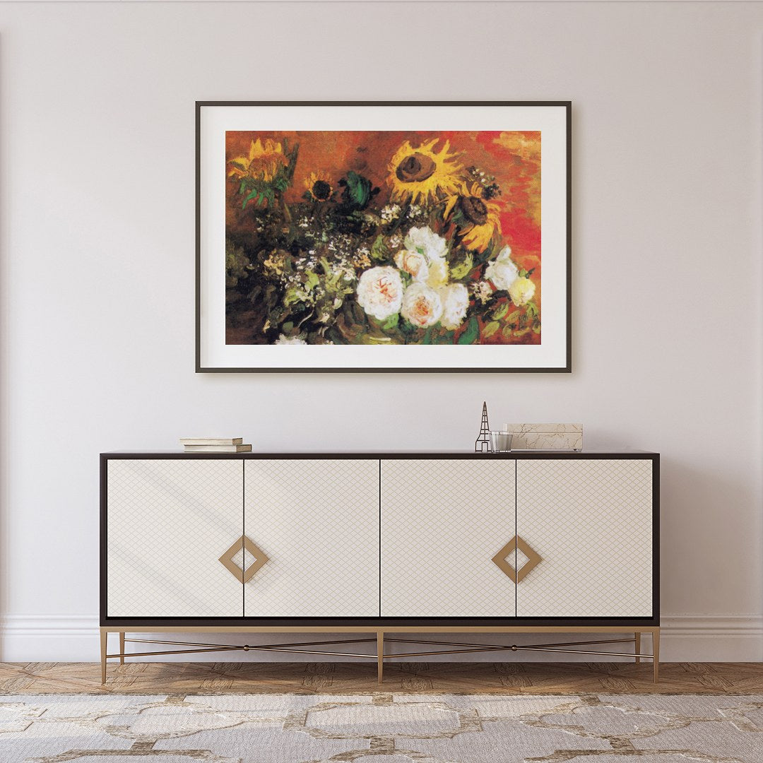 This captivating artwork features an expressive blend of sunflowers and roses. The rich earthy for Foyer