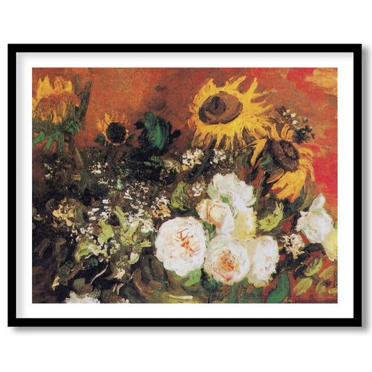 This captivating artwork features an expressive blend of sunflowers and roses. The rich earthy for gallery
