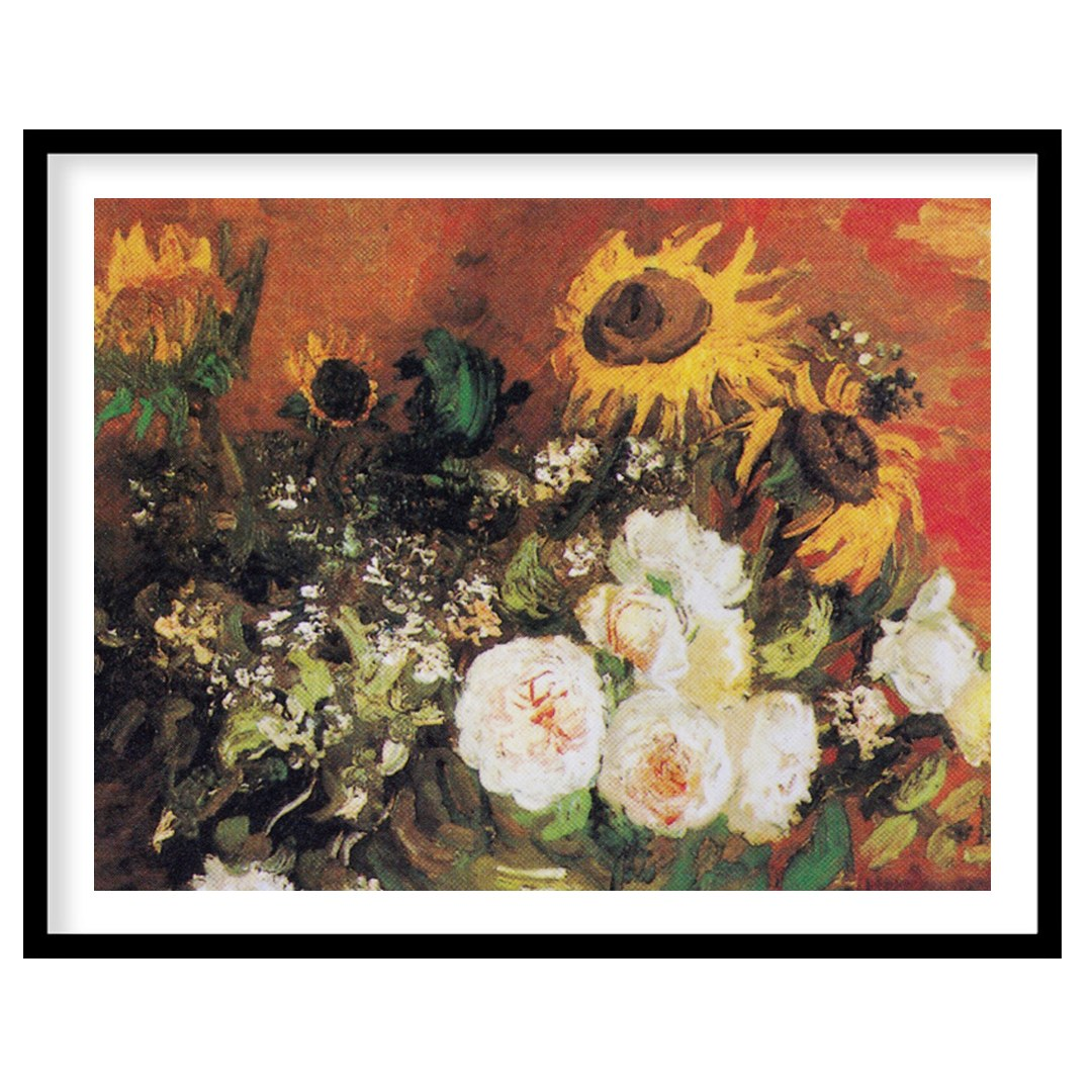 This captivating artwork features an expressive blend of sunflowers and roses. The rich earthy for gallery